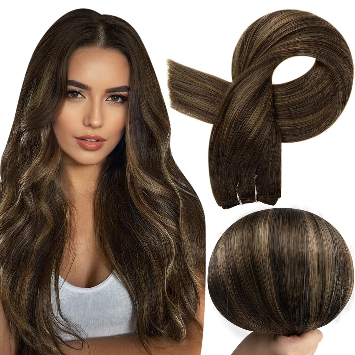 Full Shine Sew In Hair Extensions 24 Inch Brown Ombre front view