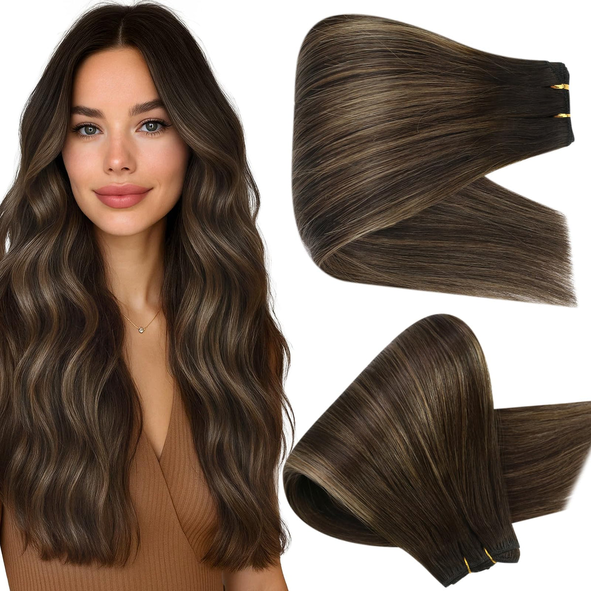 Full Shine Sew In Hair Extensions dark brown ombre front view