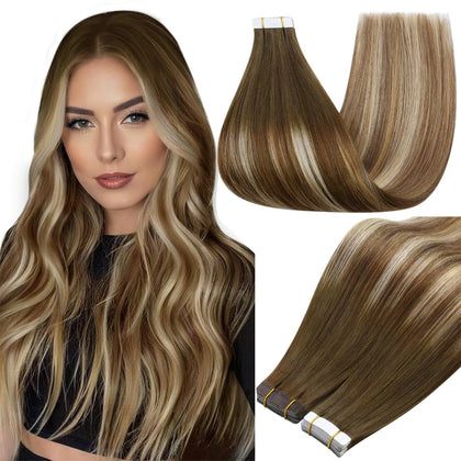 Full Shine Tape In Extensions 16 Inch Brown Blonde front view
