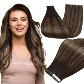 Full Shine Tape In Extensions 20 Inch Brown Balayage front view