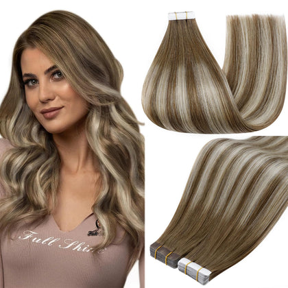Full Shine Tape In Extensions 20 Inch Rooted Ash Blonde front view