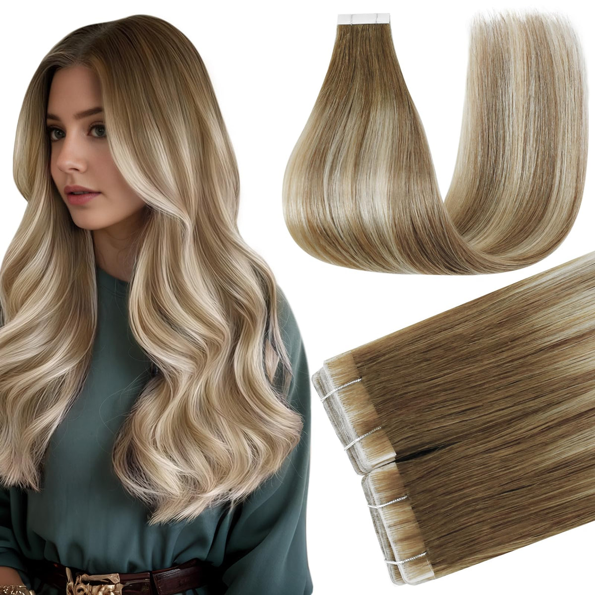 Full Shine Tape In Extensions 24 Inch Brown Blonde front view