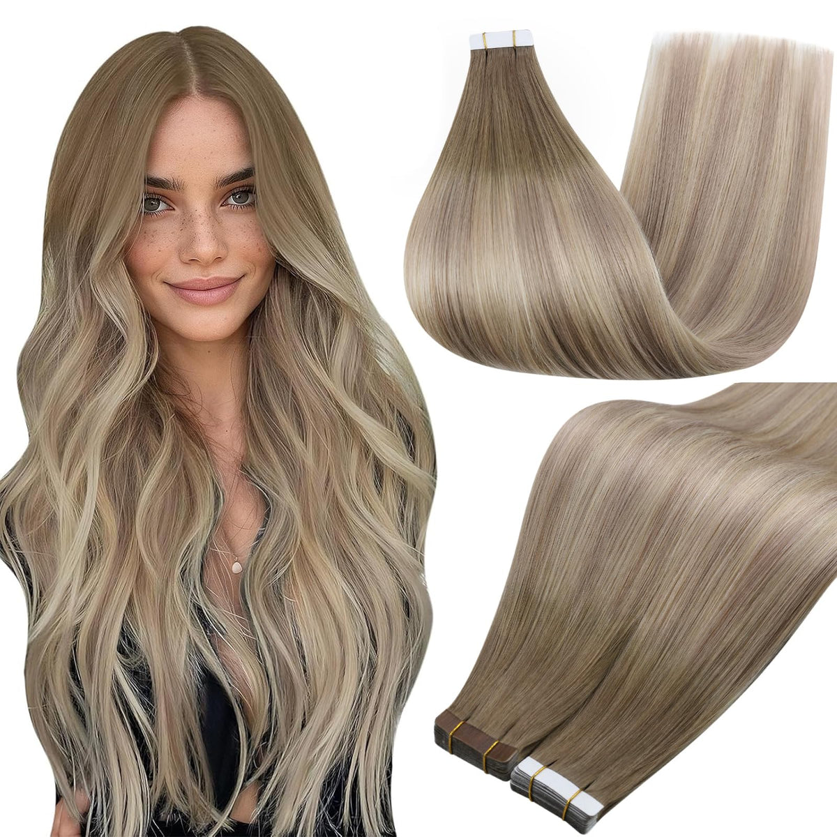 Full Shine Tape In Extensions Ash Brown Blonde 12 Inch front view