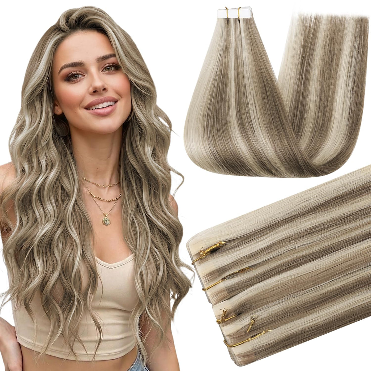 Full Shine Tape In Extensions Ash Brown Blonde front view