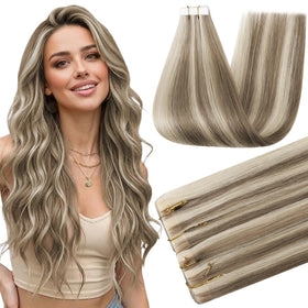 Full Shine Tape In Extensions Ash Brown Blonde front view