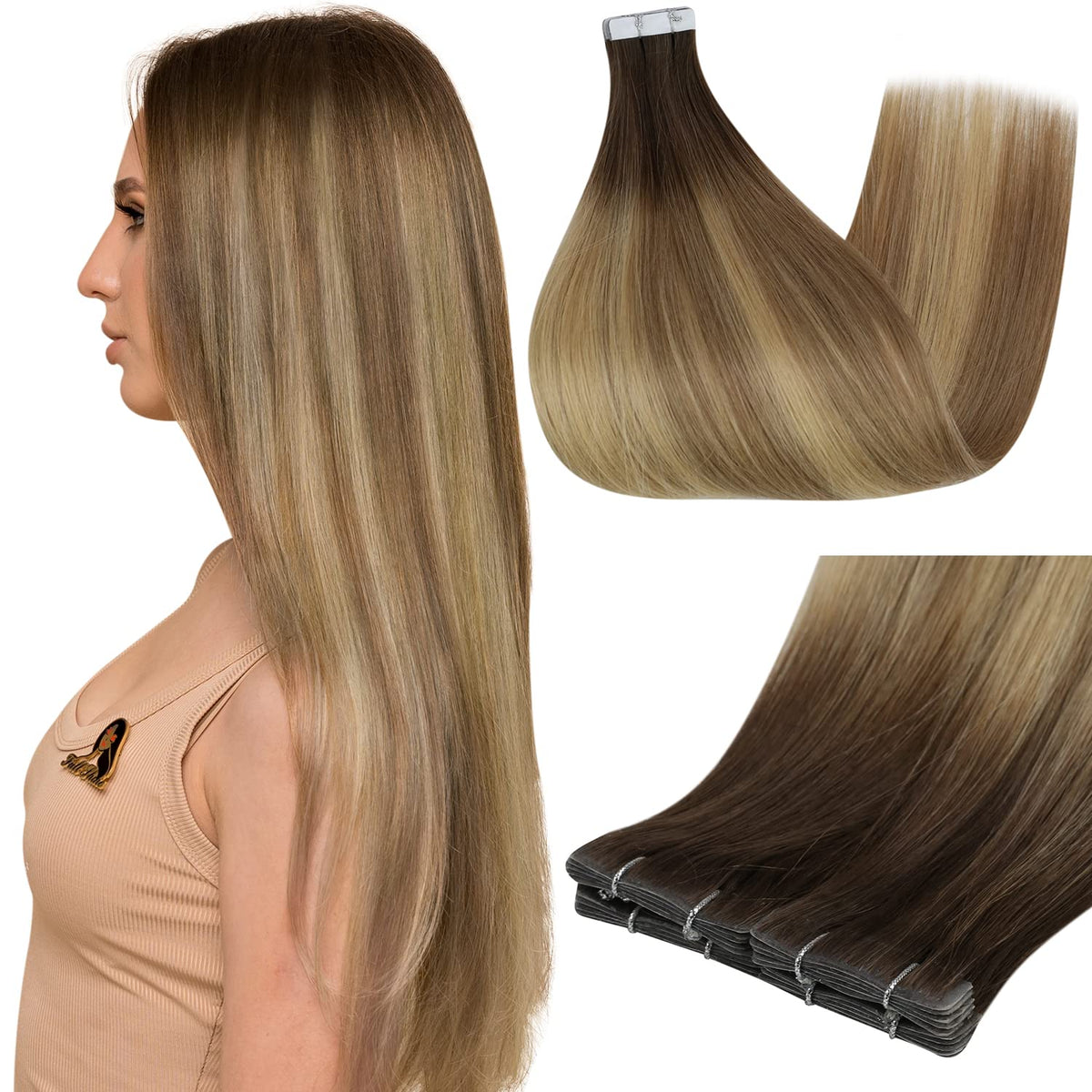 Full Shine Tape In Extensions Brown Blonde 14 Inch front view