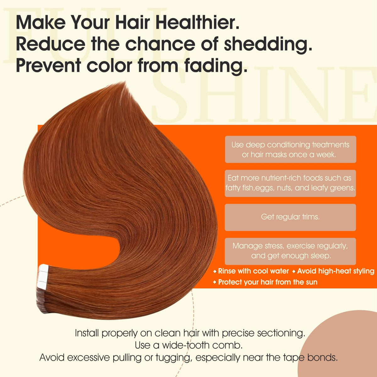 Full Shine Tape In Extensions Copper Flame styled in soft waves