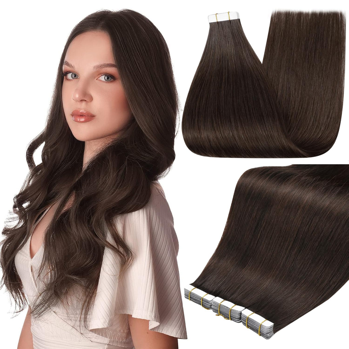 Full Shine Tape In Extensions Dark Brown 22 Inch front view