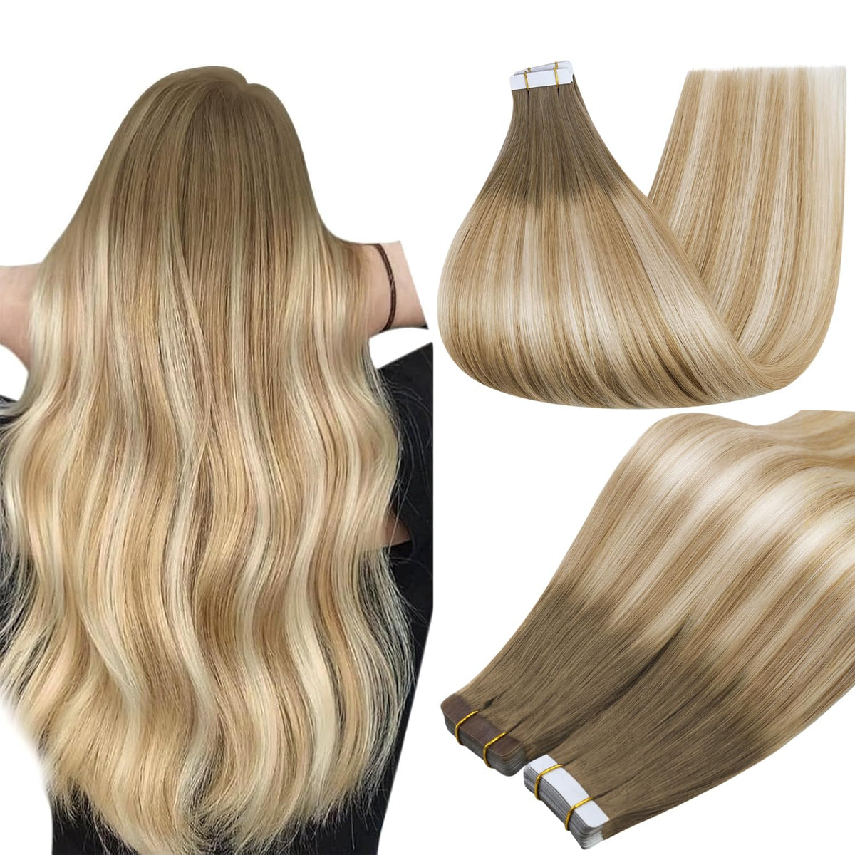 Full Shine Tape In Extensions Human Hair 18 Inch Brown Blonde front view