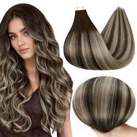 Full Shine Tape In Hair Extensions 12 Inch Brown Blonde Highlights front view