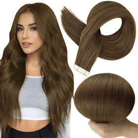 Full Shine Tape In Hair Extensions 12 Inch Dark Brown front view