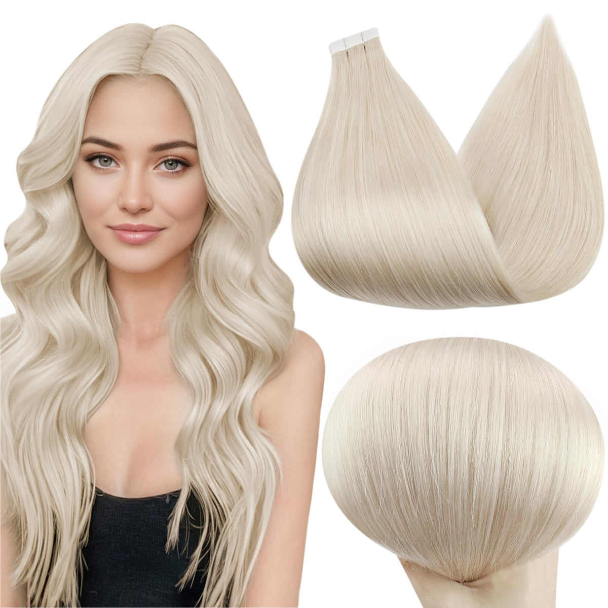 Full Shine Tape In Hair Extensions 12 Inch Platinum Blonde front view