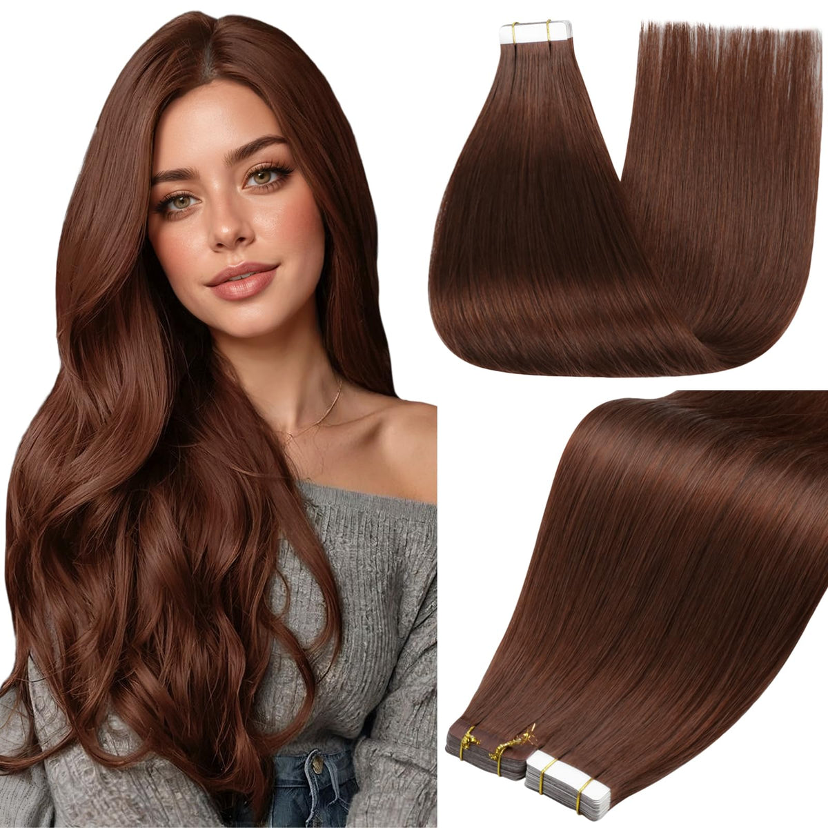 Full Shine Tape In Hair Extensions 14 Inch Cinnamon Mocha front view