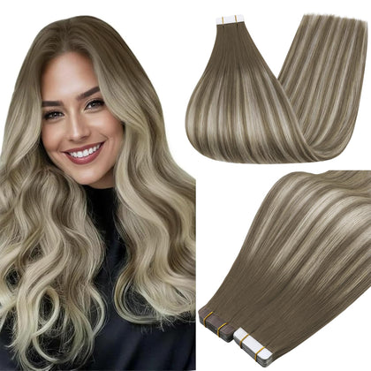Full Shine Tape In Hair Extensions 14 Inch Cool Brown Blonde front view