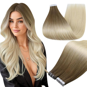 Full Shine Tape In Hair Extensions 16 Inch Brown Ice Blonde front view