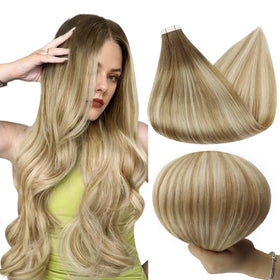 Full Shine Tape in Hair Extensions 16 Inch Brown Root Blonde front view