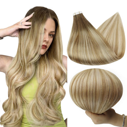 Full Shine Tape in Hair Extensions 16 Inch Brown Root Blonde front view