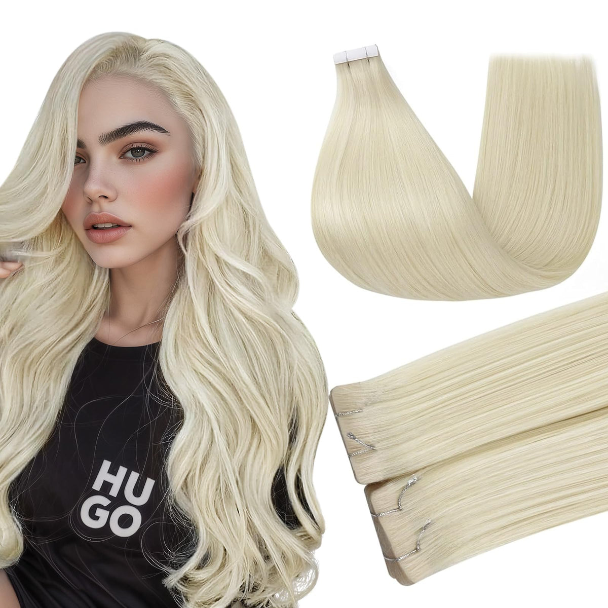 Full Shine Tape In Hair Extensions 16 Inch Platinum Blonde front view