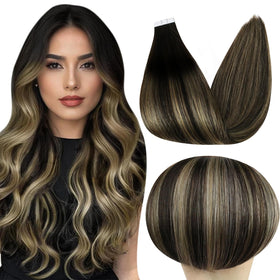 Full Shine Tape in Hair Extensions 18 Inch Black to Black Blonde Ombre front view