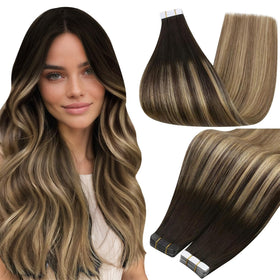 Full Shine Tape In Hair Extensions 18 Inch Brown Honey Blonde front view