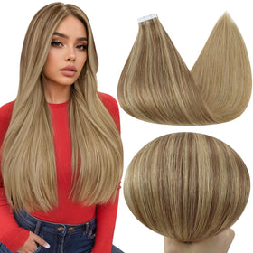 Full Shine Tape In Hair Extensions 18 Inch Brown to Butter Blonde front view
