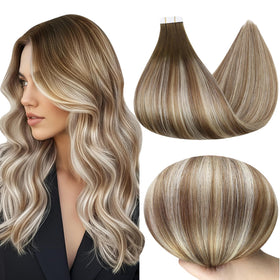 Full Shine Tape in Hair Extensions 18 Inch Chestnut Brown Blonde front view