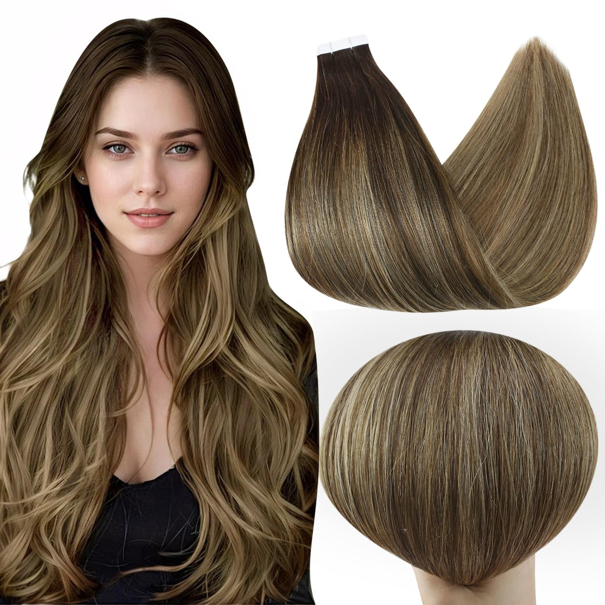 Full Shine Tape in Hair Extensions 18 Inch Off Black Honey Blonde front view