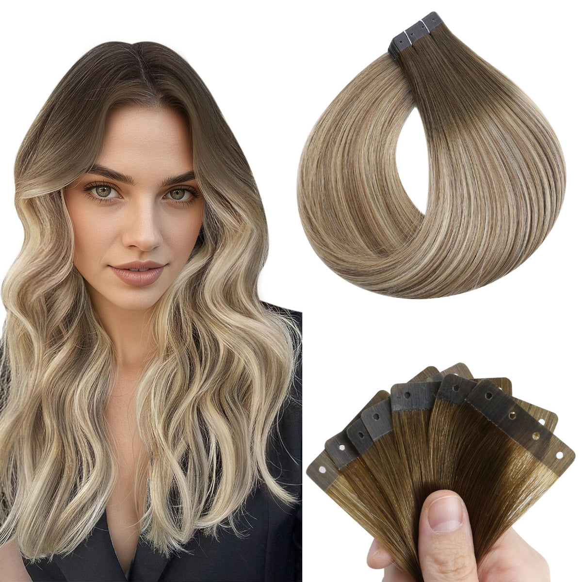 Full Shine Tape In Hair Extensions 20 Inch Ash Brown Beige Blonde front view