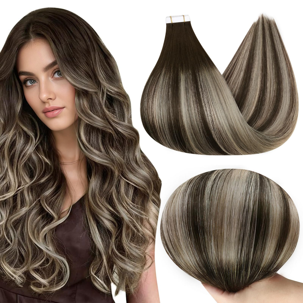 Full Shine Tape in Hair Extensions 20 Inch Brown Blonde Highlights front view