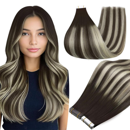 Full Shine Tape In Hair Extensions 20 Inch Brown Platinum front view