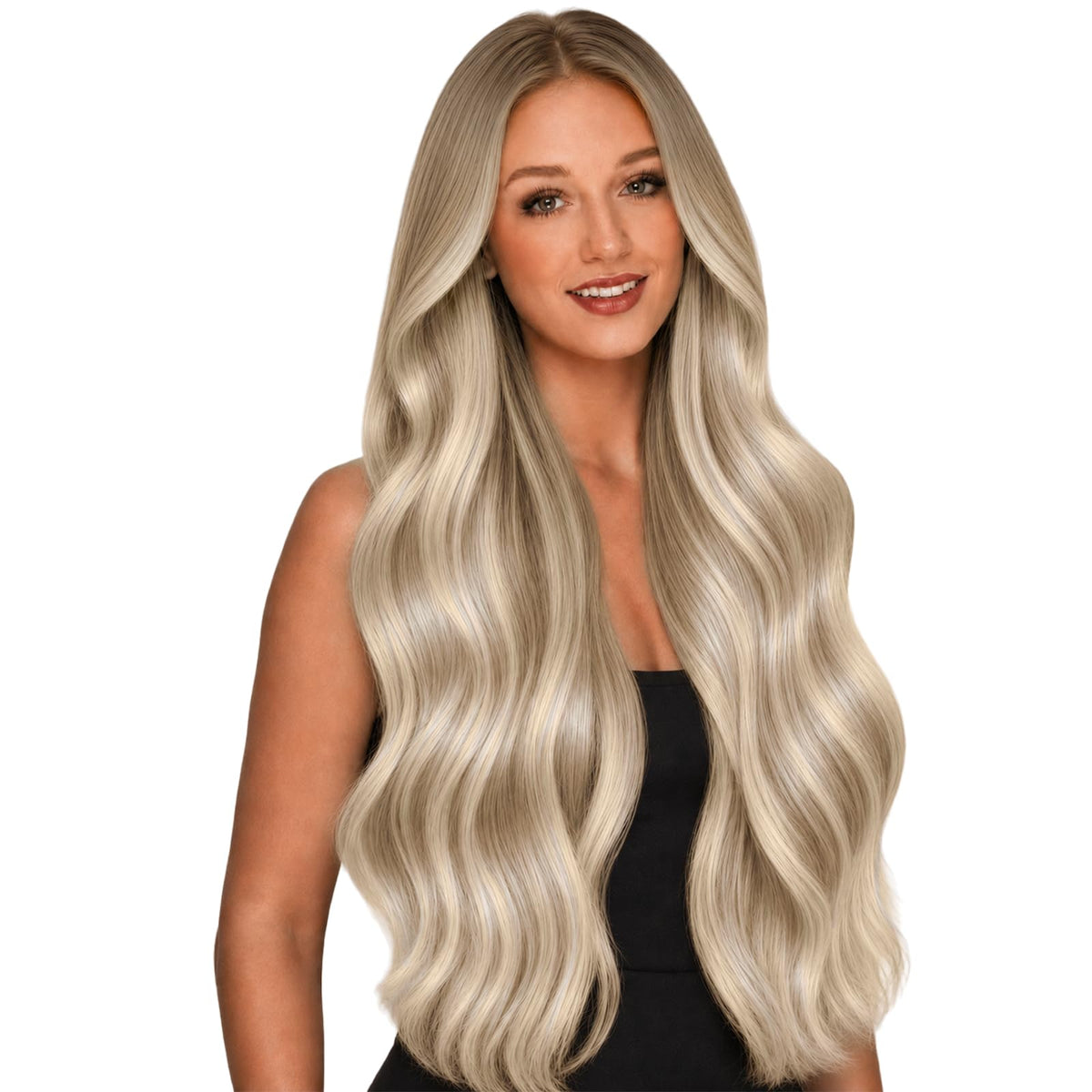 Full Shine Tape in Hair Extensions 22 Inch Ash Blonde Ombre front view