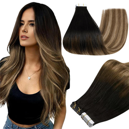 Full Shine Tape In Hair Extensions 22 Inch black brown blonde front view