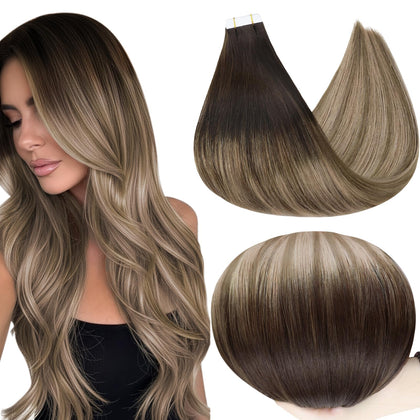 Full Shine Tape in Hair Extensions 22 Inch Brown Blonde Ombre front view
