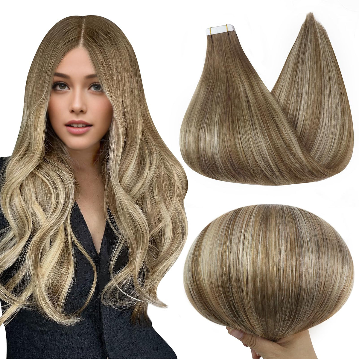Full Shine Tape in Hair Extensions 22 Inch Brown Caramel Blonde front view