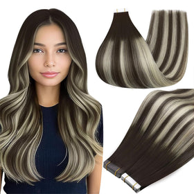 Full Shine Tape In Hair Extensions 22 Inch Brown Platinum front view