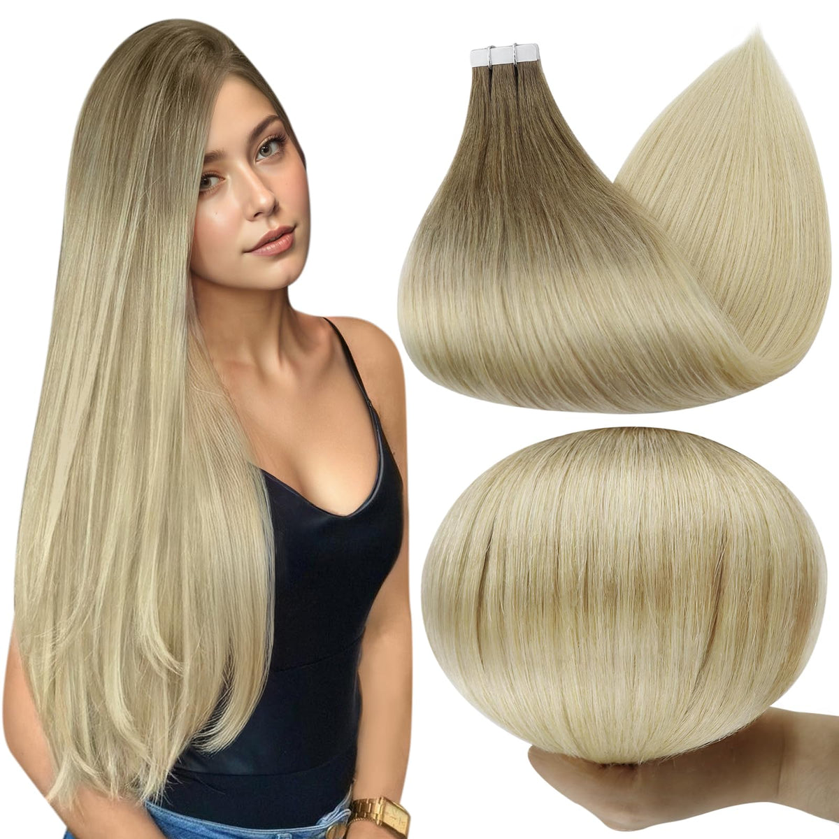 Full Shine Tape in Hair Extensions 22 Inch brown to ash blonde front view