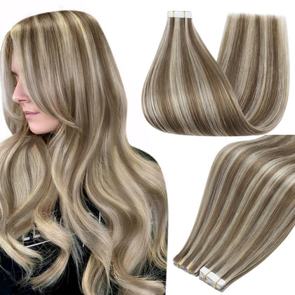 Full Shine Tape In Hair Extensions 24 Inch Ash Brown Blonde front view
