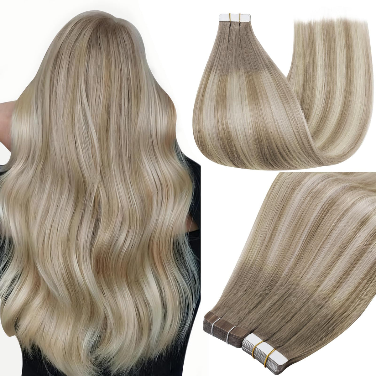 Full Shine Tape In Hair Extensions Ash Blonde Balayage front view