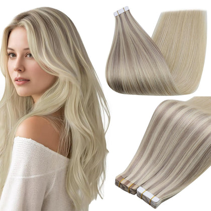 Full Shine Tape In Hair Extensions Ash Blonde Blend front view