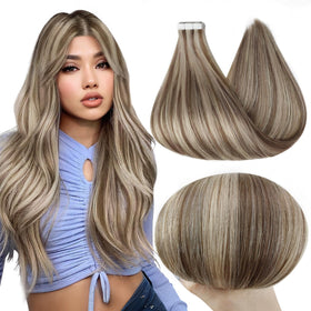 Full Shine Tape in Hair Extensions Ash Brown Blonde front view
