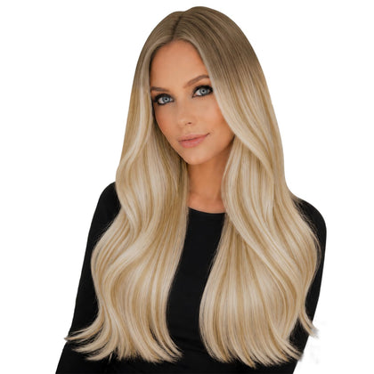 Full Shine Tape in Hair Extensions Ash Brown Ombre 22 Inch front view
