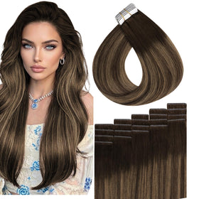 Full Shine Tape In Hair Extensions Brown Balayage front view
