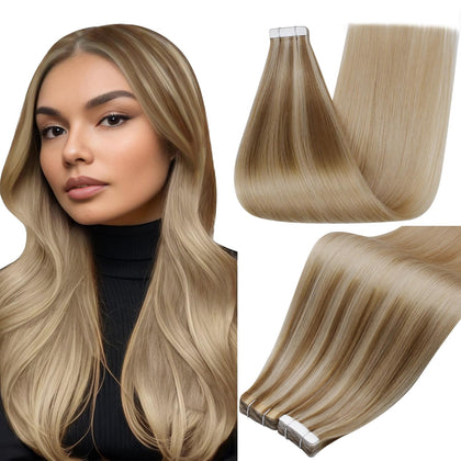 Full Shine Tape In Hair Extensions Chestnut Blonde 18 Inch front view