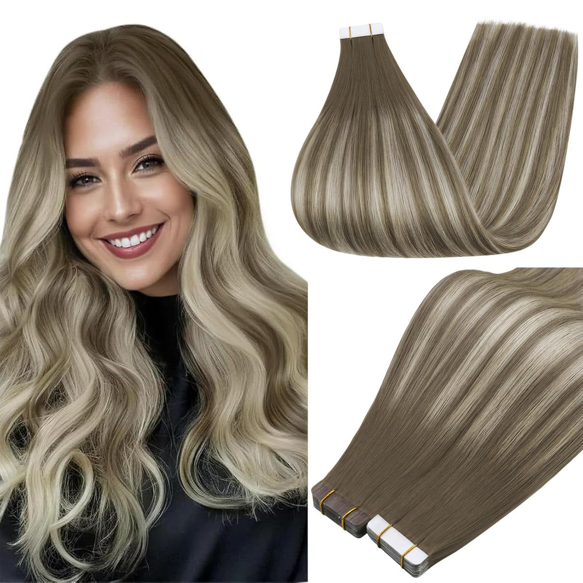Full Shine Tape In Hair Extensions Cool Brown Blonde front view