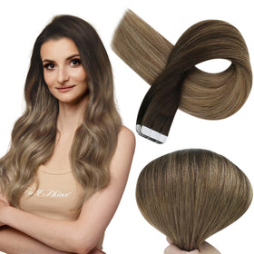 Full Shine Tape In Hair Extensions Dark Brown Blonde 20 Inch front view