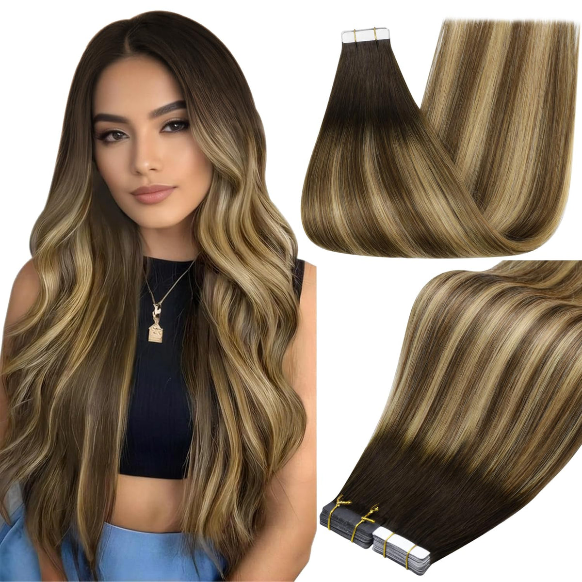 Full Shine Tape In Hair Extensions Dark Brown Caramel 20 Inch front view