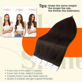 Full Shine Tape in Hair Extensions Dark Brown styled in hair