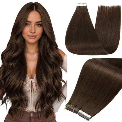 Full Shine Tape In Hair Extensions Dark Chestnut front view