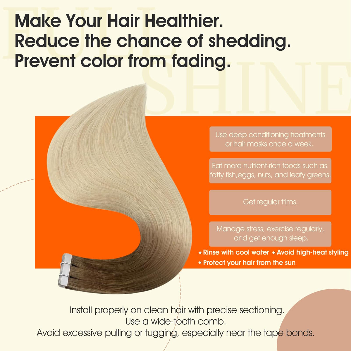 Full Shine Tape In Hair Extensions displayed with natural light