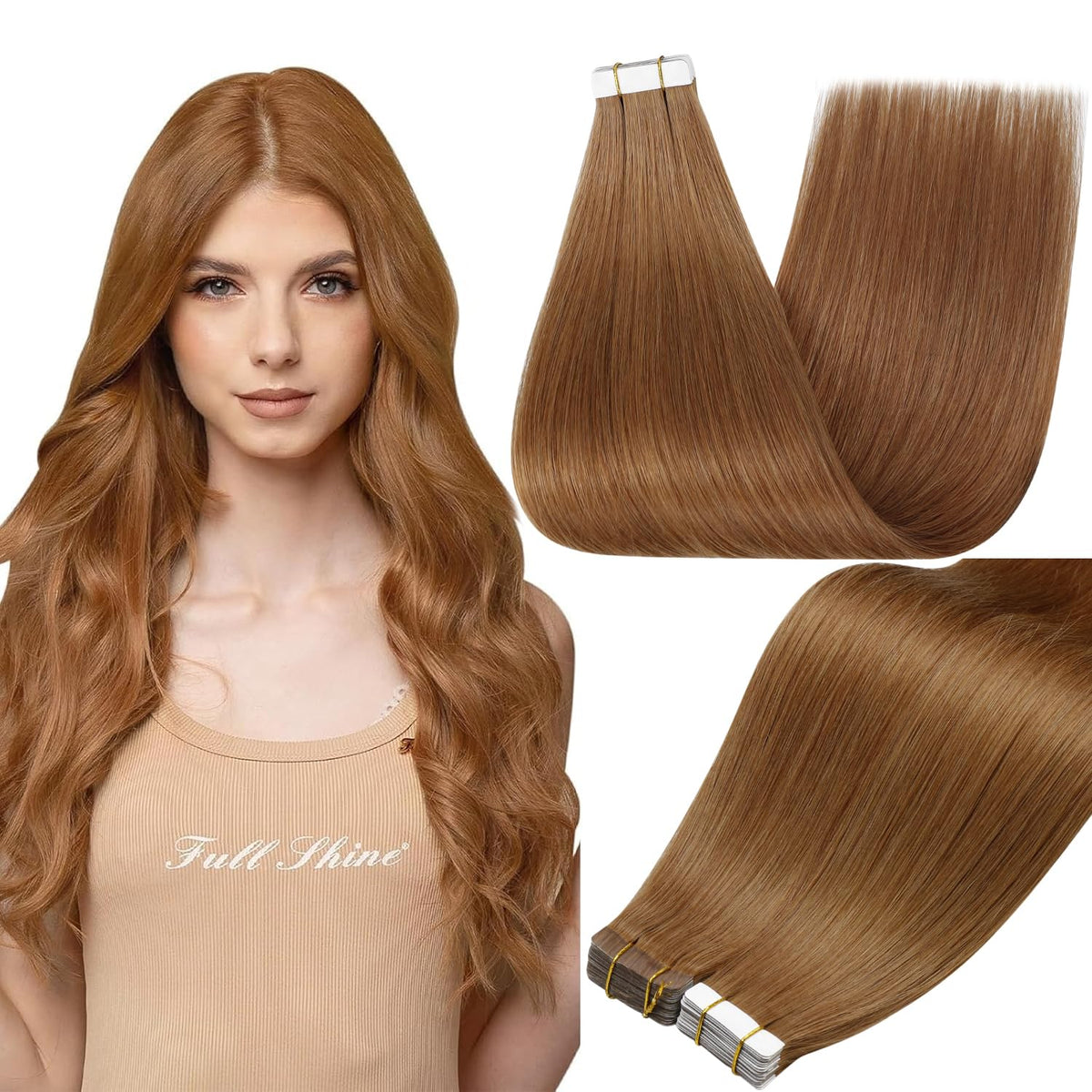 Full Shine Tape In Hair Extensions Ginger Copper 12 Inch front view